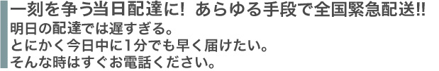 一刻を争う当日配達に!　あらゆる手段で全国緊急配送!今日中に1分でも早く配達したい！そんな時はすぐお電話ください